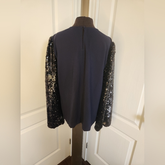 J. Crew Navy Top with Black Sequin Sleeve Size Medium - Picture 2 of 7